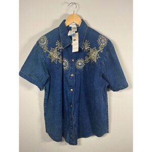 VTG NWT CLUB Z Womens Denim Shirt Rhinestone Embellished Short Sleeve Button Up